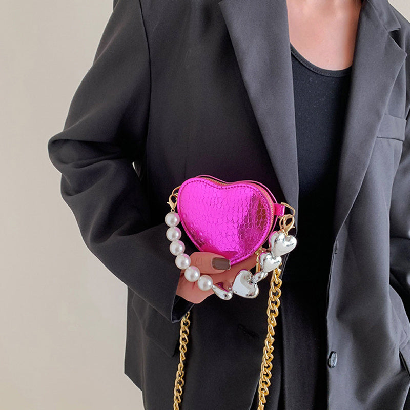 Mini-Handtasche mit Perlen in Liebesform, modische, süße Lippenstift-Tasche mit Kette für Damen in leuchtenden Bonbonfarben, Schulter-Umhängetasche