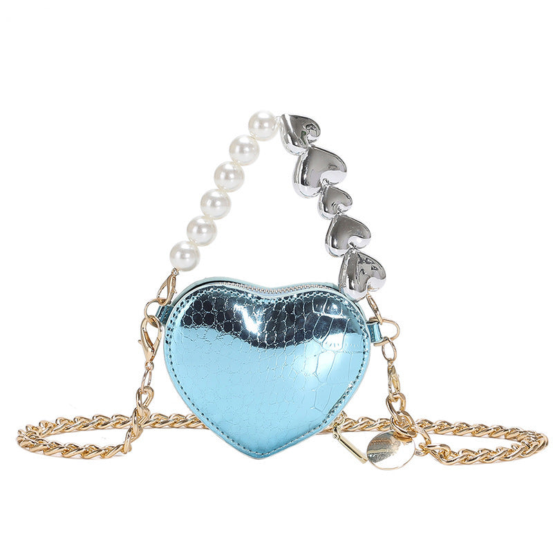 Mini-Handtasche mit Perlen in Liebesform, modische, süße Lippenstift-Tasche mit Kette für Damen in leuchtenden Bonbonfarben, Schulter-Umhängetasche