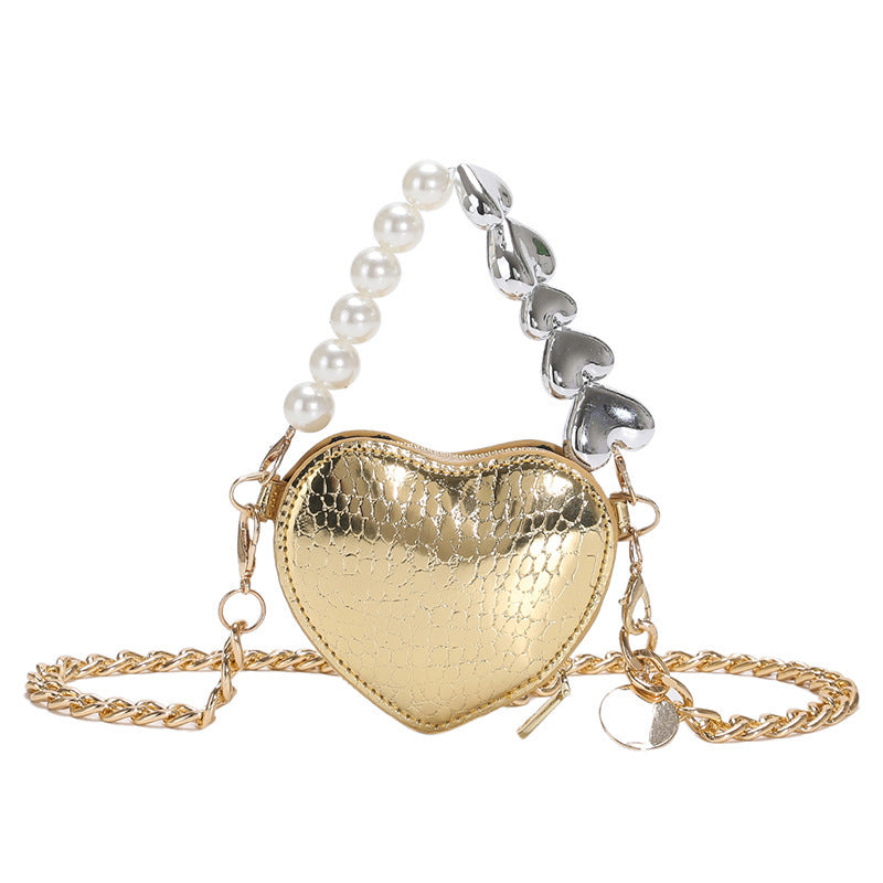 Mini-Handtasche mit Perlen in Liebesform, modische, süße Lippenstift-Tasche mit Kette für Damen in leuchtenden Bonbonfarben, Schulter-Umhängetasche