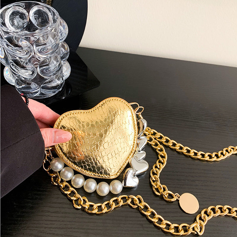 Mini-Handtasche mit Perlen in Liebesform, modische, süße Lippenstift-Tasche mit Kette für Damen in leuchtenden Bonbonfarben, Schulter-Umhängetasche