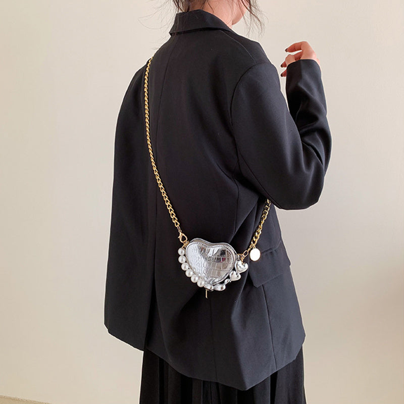 Mini-Handtasche mit Perlen in Liebesform, modische, süße Lippenstift-Tasche mit Kette für Damen in leuchtenden Bonbonfarben, Schulter-Umhängetasche