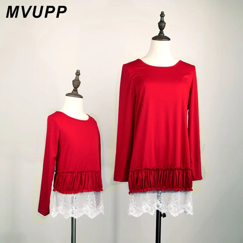 Mutter Tochter Rote Spitzen Patchwork Kleider