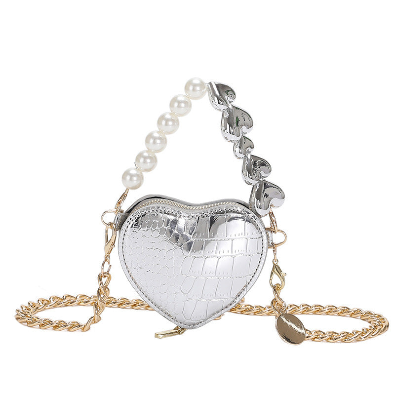 Mini-Handtasche mit Perlen in Liebesform, modische, süße Lippenstift-Tasche mit Kette für Damen in leuchtenden Bonbonfarben, Schulter-Umhängetasche