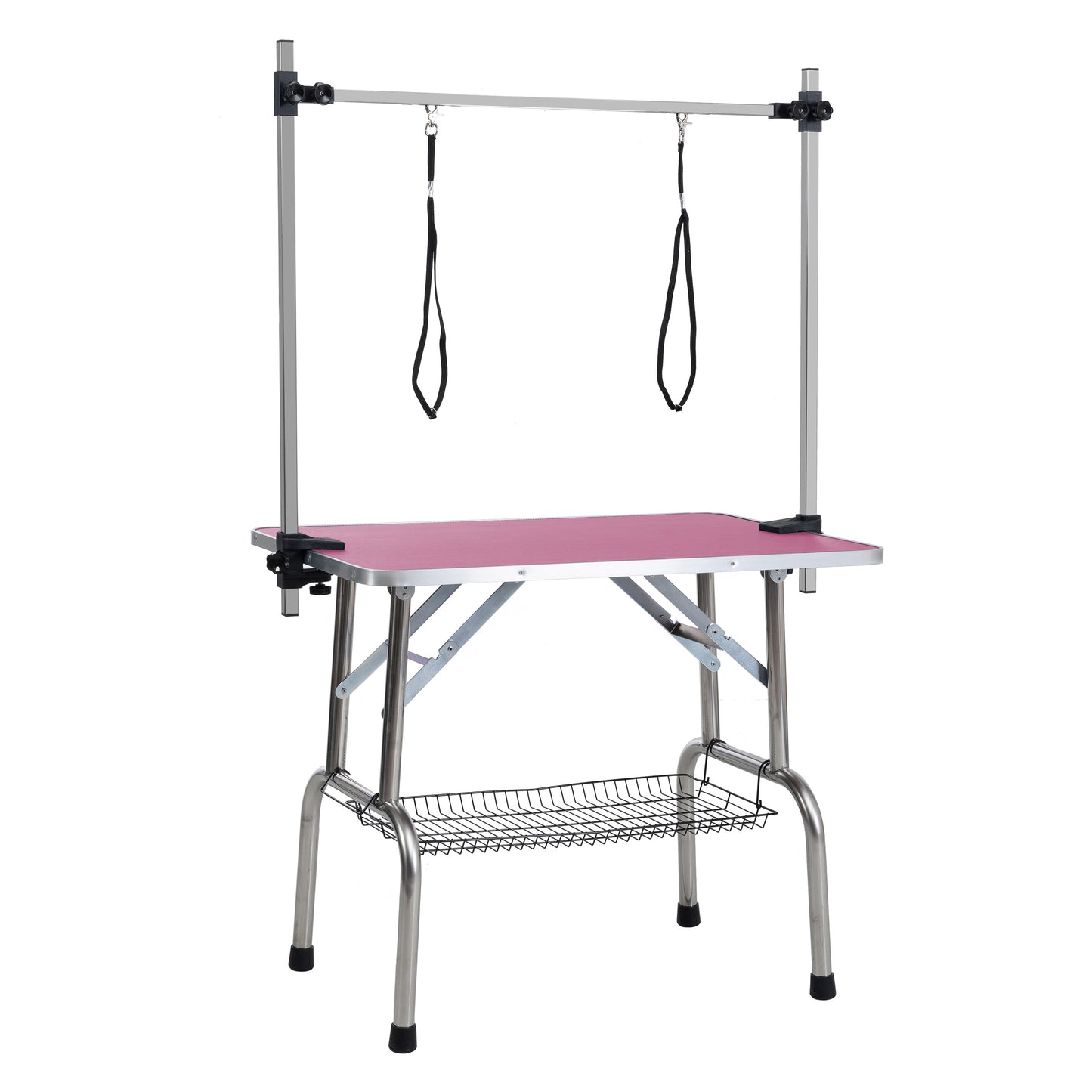 36 Zoll großer, zusammenklappbarer Tierpflegetisch mit Edelstahlrahmen und Gummiauflage, ausgestattet mit verstellbaren Armlehnen und Clips (pink)