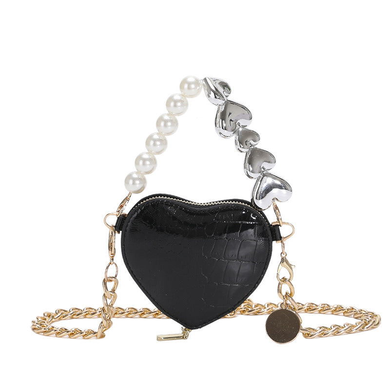 Mini-Handtasche mit Perlen in Liebesform, modische, süße Lippenstift-Tasche mit Kette für Damen in leuchtenden Bonbonfarben, Schulter-Umhängetasche