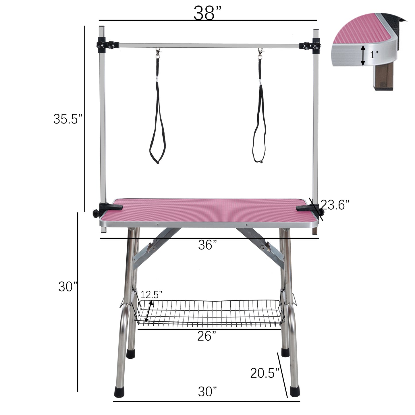 36 Zoll großer, zusammenklappbarer Tierpflegetisch mit Edelstahlrahmen und Gummiauflage, ausgestattet mit verstellbaren Armlehnen und Clips (pink)