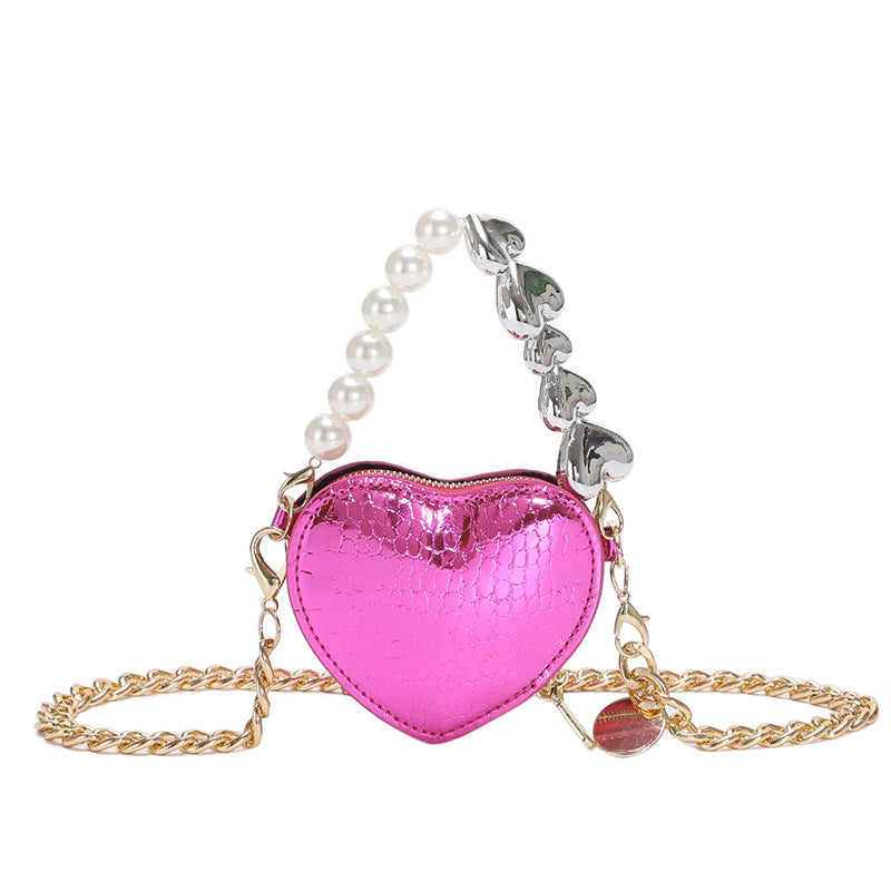 Mini-Handtasche mit Perlen in Liebesform, modische, süße Lippenstift-Tasche mit Kette für Damen in leuchtenden Bonbonfarben, Schulter-Umhängetasche