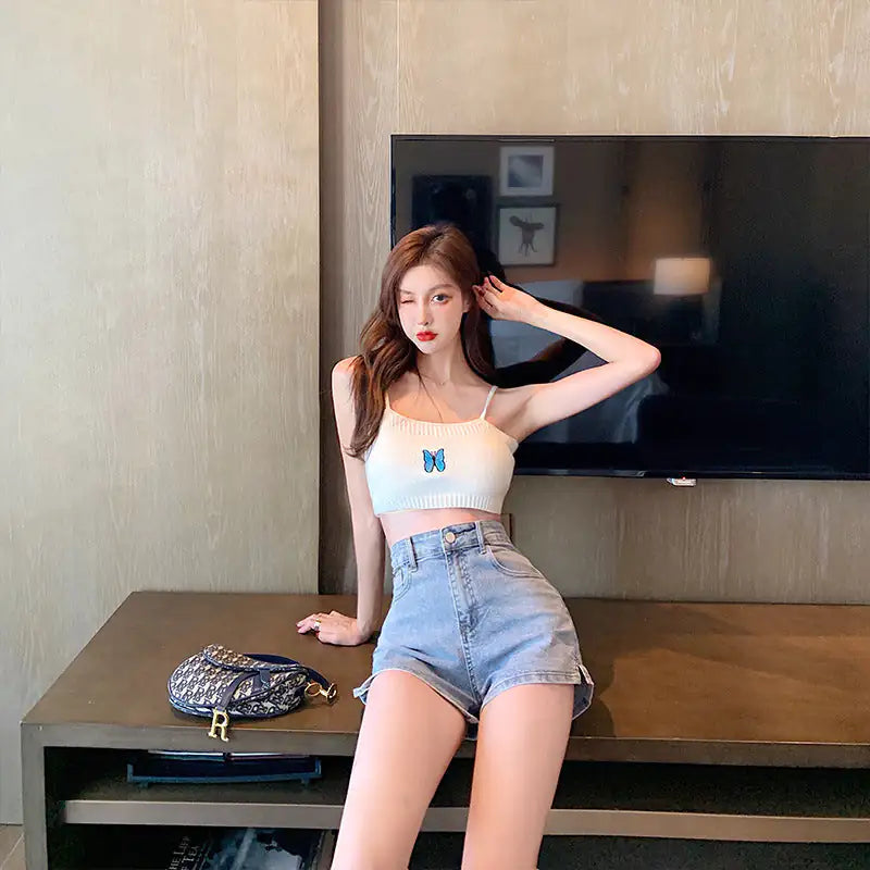 2023 New Style A-Line Simple Elastic Short Jeans Women's